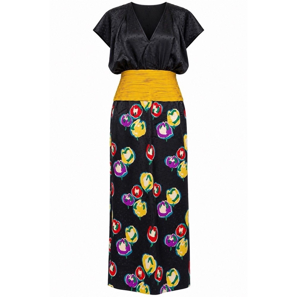 Vintage 80s Valentino Night Sz 12 Italy Black Floral Pleated Waist Maxi Dress